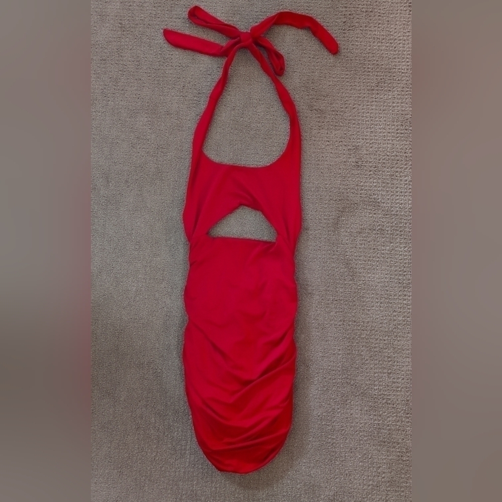 Women's Ruched Peek A Boo Center Red Bow Tie Swimsuit